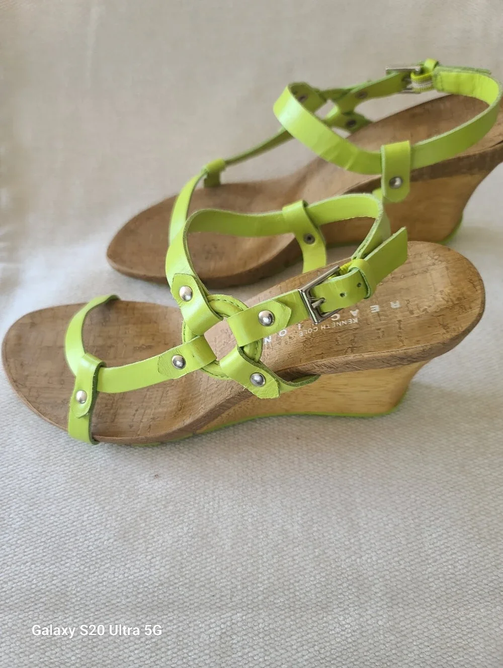 Kenneth COLE Reaction Women’s Lime Green Leather Cork Wedge Sandals